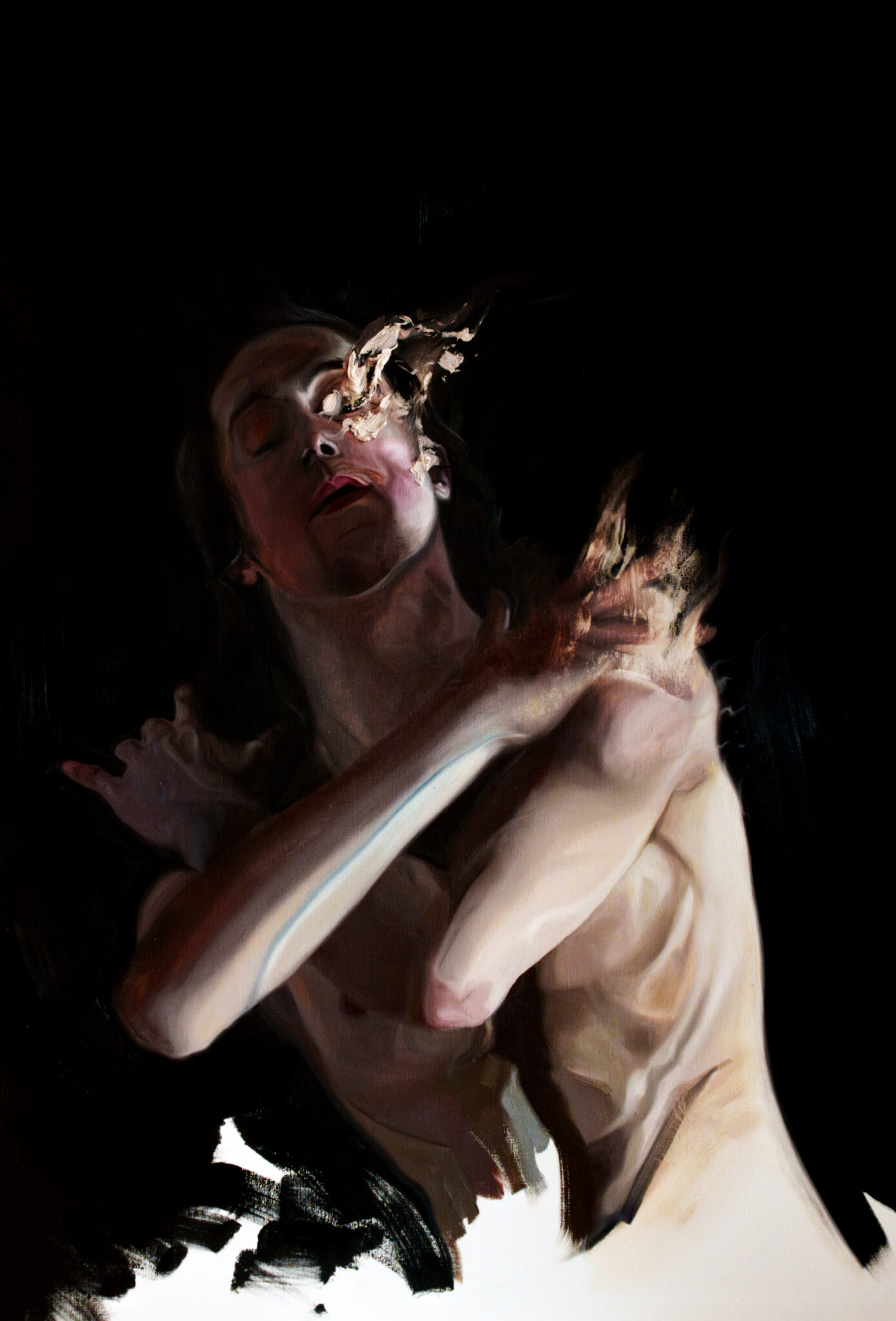 Oil painting depicting a figure in motion. His form is blurred and dissolves, evoking a sense of spiritual or emotional struggle against a dark background.