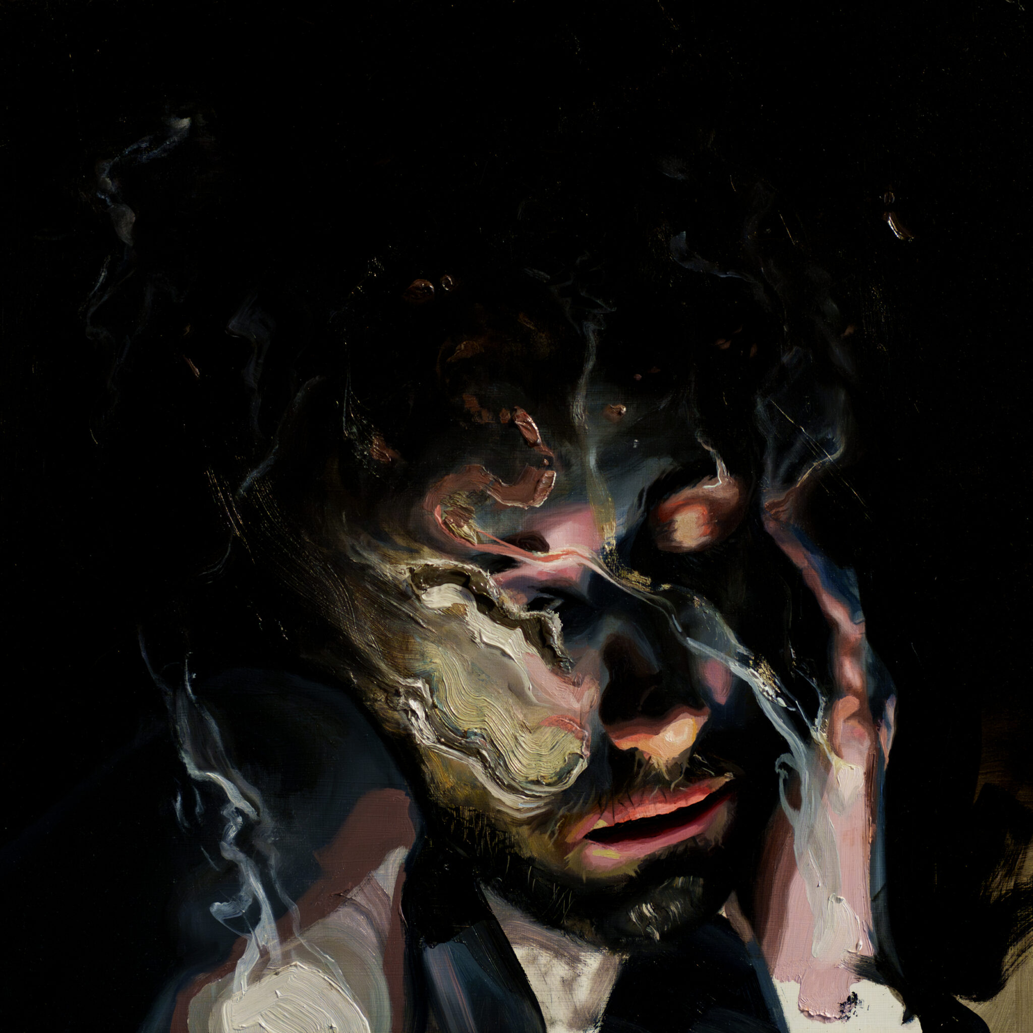 A self-portrait of the artist with his head in his hands. His face and hair are obscured by a swirling, chaotic mass of white, grey and black paint that resembles smoke or fire, suggesting intense inner turmoil.