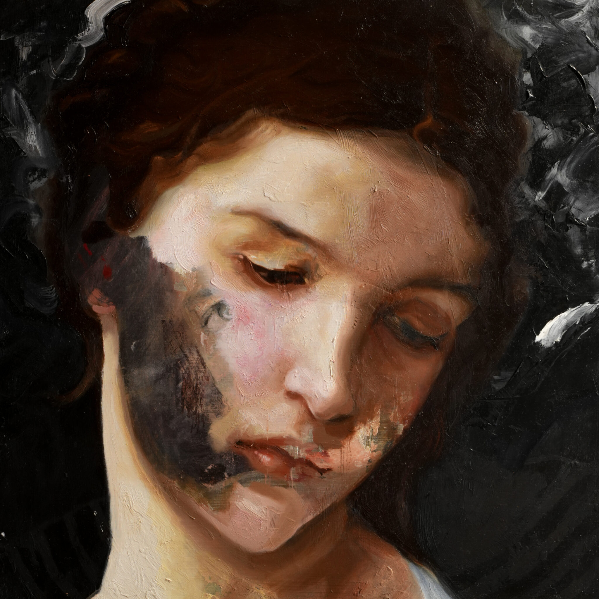 Expressive oil portrait with classic influence, where a significant portion of the face is scraped away, leaving most of the painting realistically rendered, suggesting a slow decay or disappearance of identity.