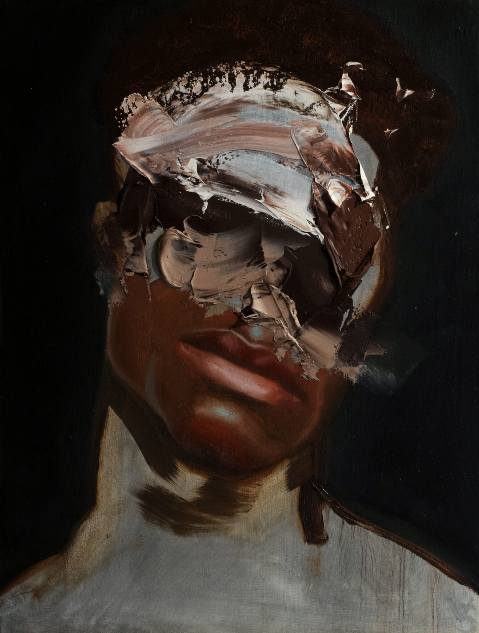 Expressive oil portrait where the subject's face is completely obscured by a thick, sculptural mask of white and brown impasto paint, leaving only the chin and neck visible, evoking a sense of raw, concealed identity.