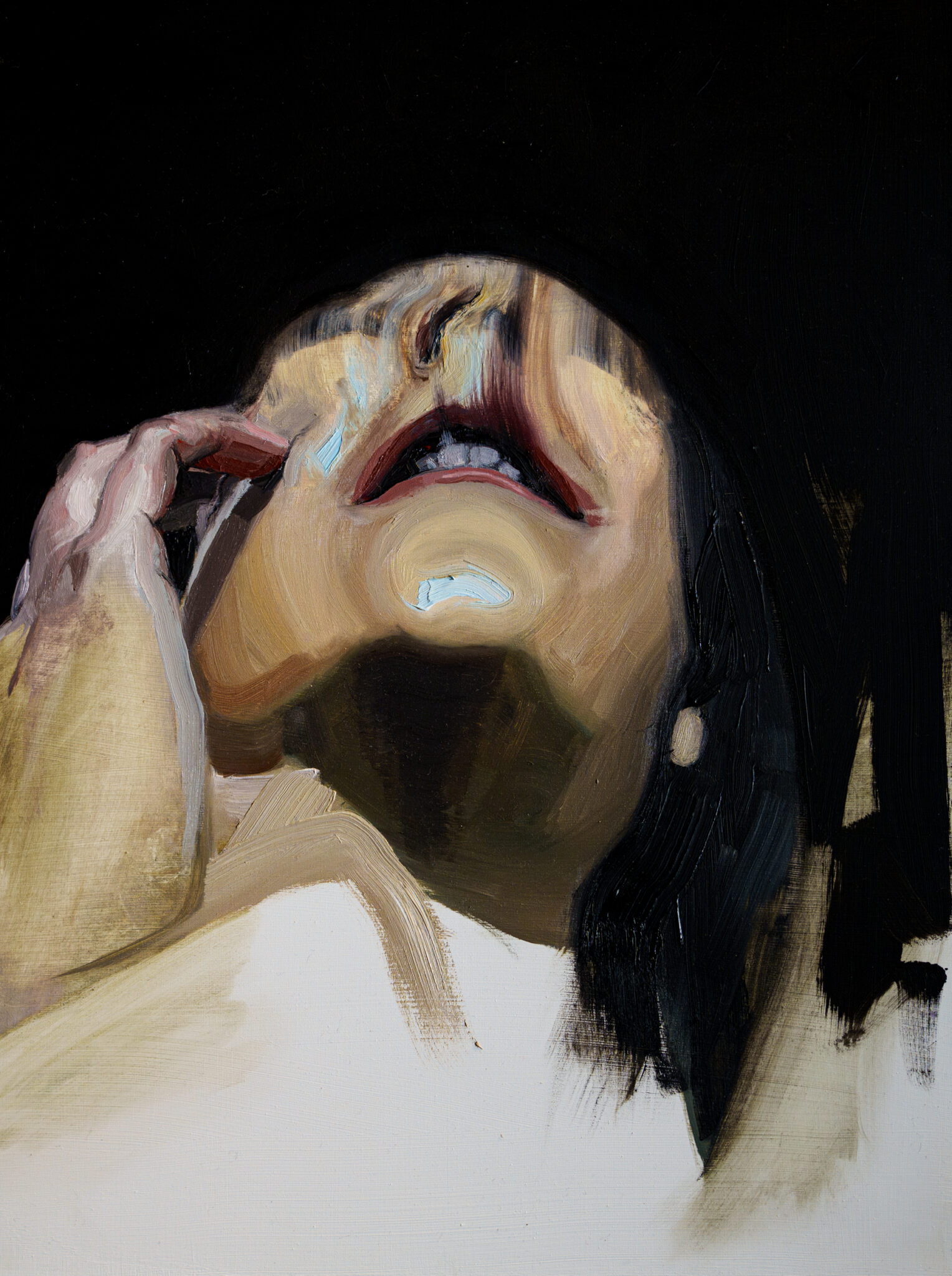 An oil painting of a face looking upwards in a state of ecstasy or abandon. The figure is rendered with loose, expressive brushstrokes against a background that transitions from white to black.