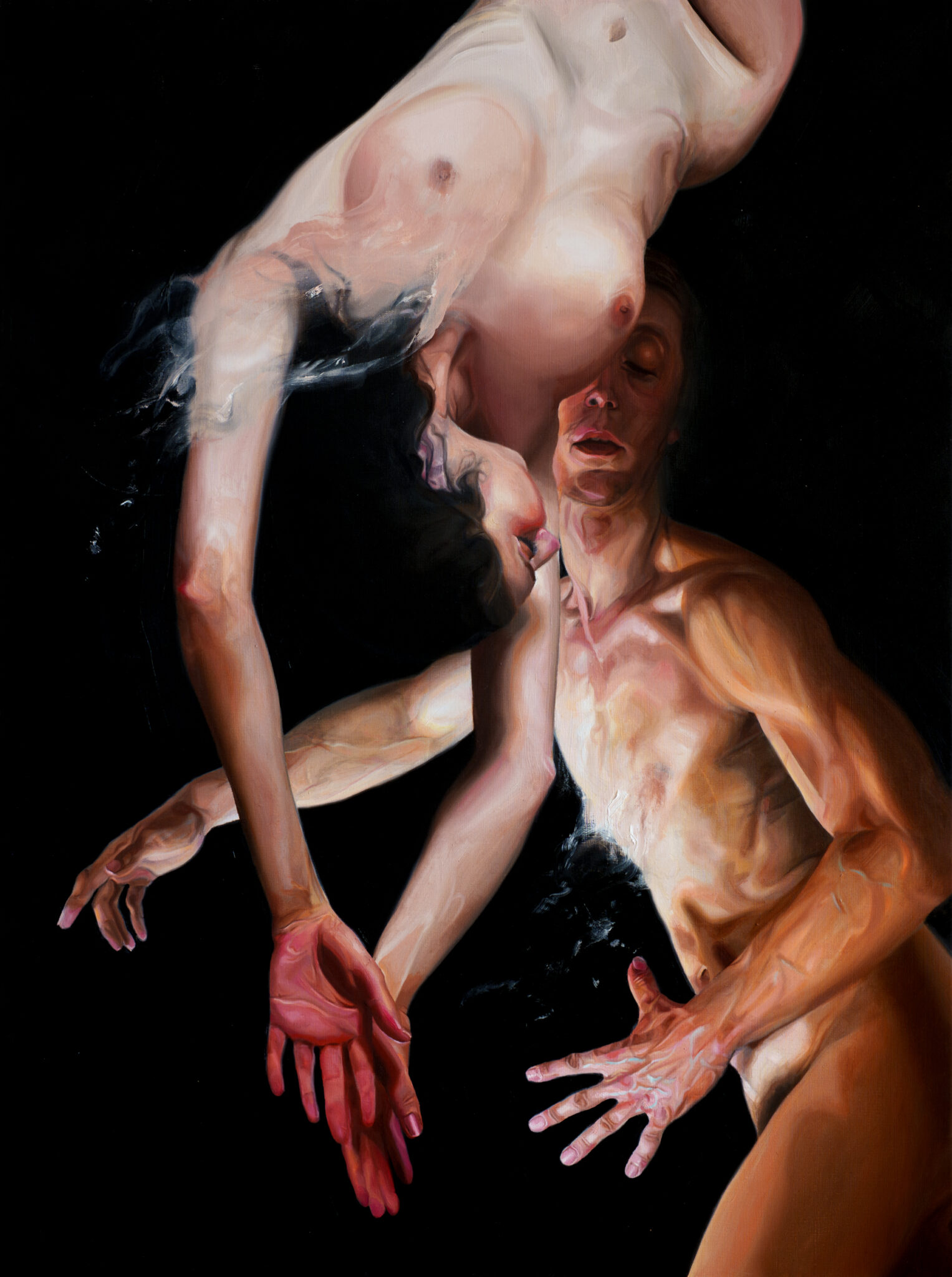 Oil painting of two nude figures embracing, one inverted over the other. Their forms dissolve into one another with a smoky effect against a black background, creating an intimate and dreamlike atmosphere.