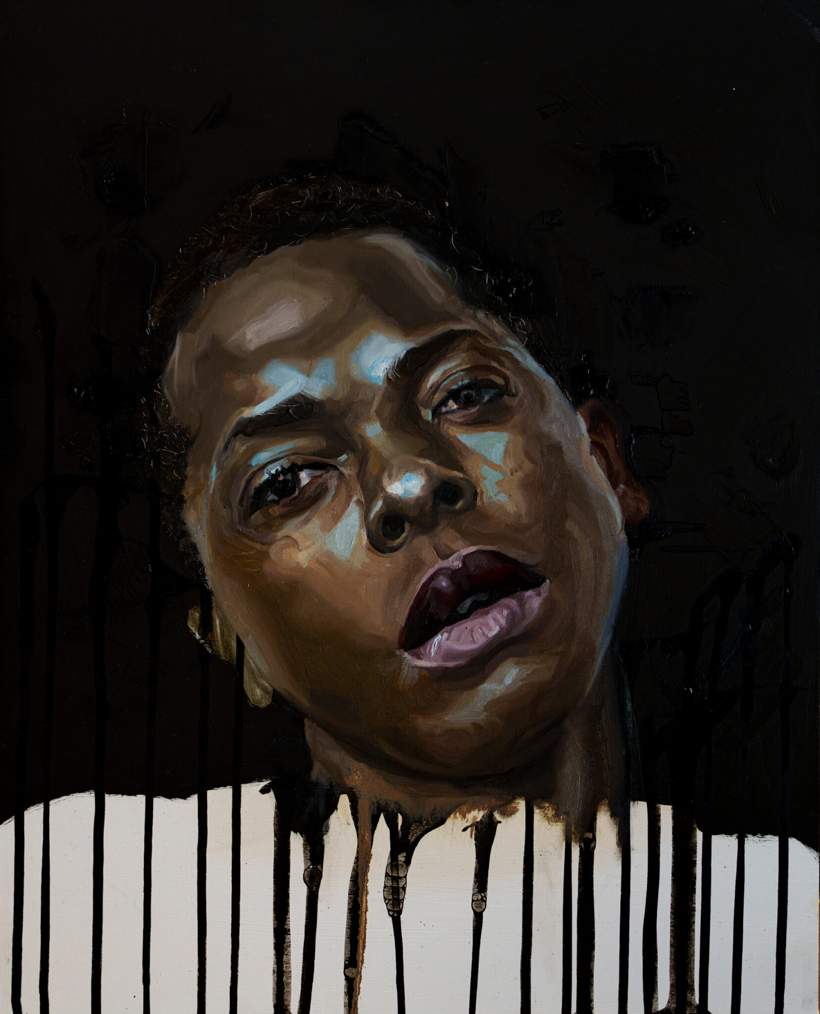An oil portrait of an androgynous face tilted upwards, looking at the viewer. A bright, cool highlight, like moonlight, strikes the nose and forehead, while the lower part of the body dissolves into vertical drips.