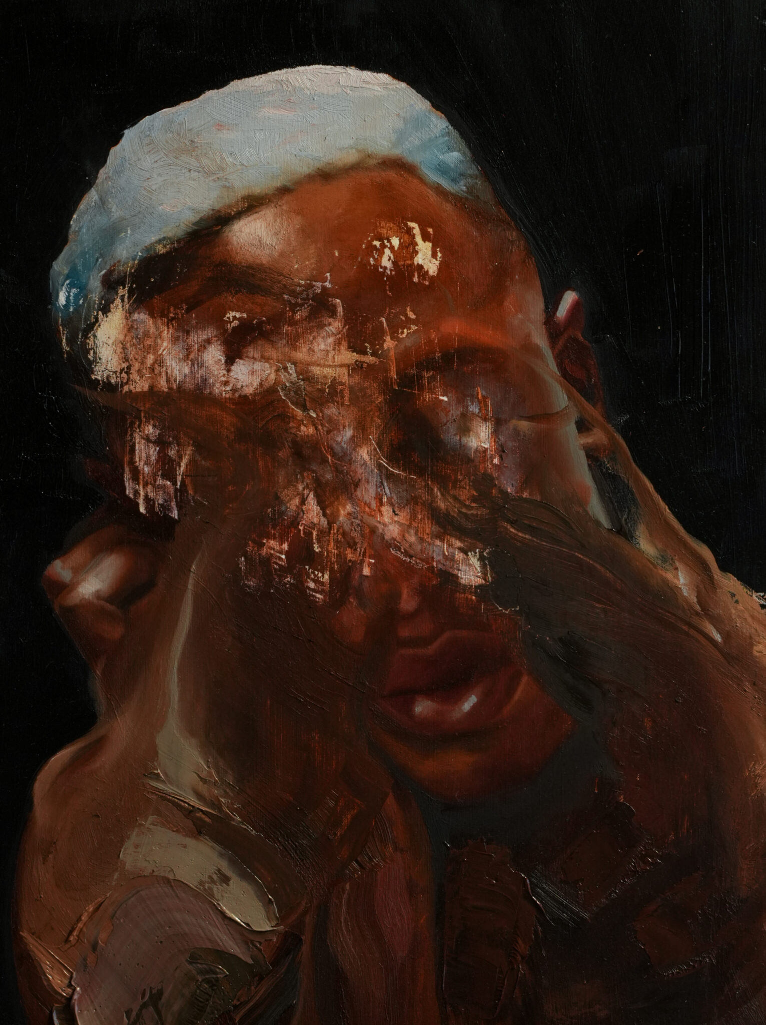 An intense oil portrait where the figure's face is obscured by a visceral, chaotic veil of smeared and textured paint. The style suggests a tormented or fractured psychological state.