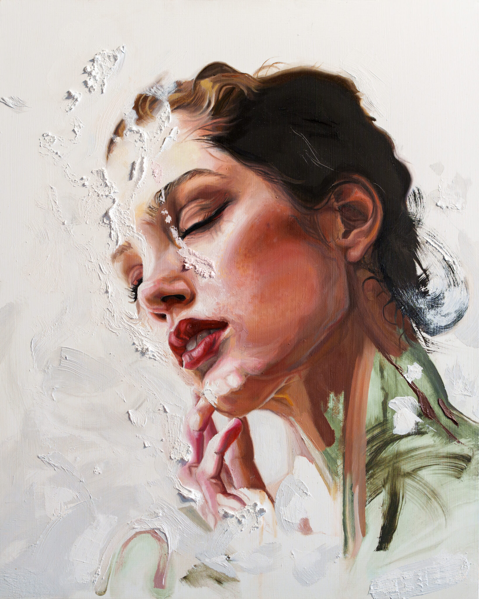 An oil portrait of a woman with her eyes closed in serene expression. The left side of her face and body appears to be fragmenting or dissolving into a white, porcelain-like texture, suggesting both beauty and fragility.