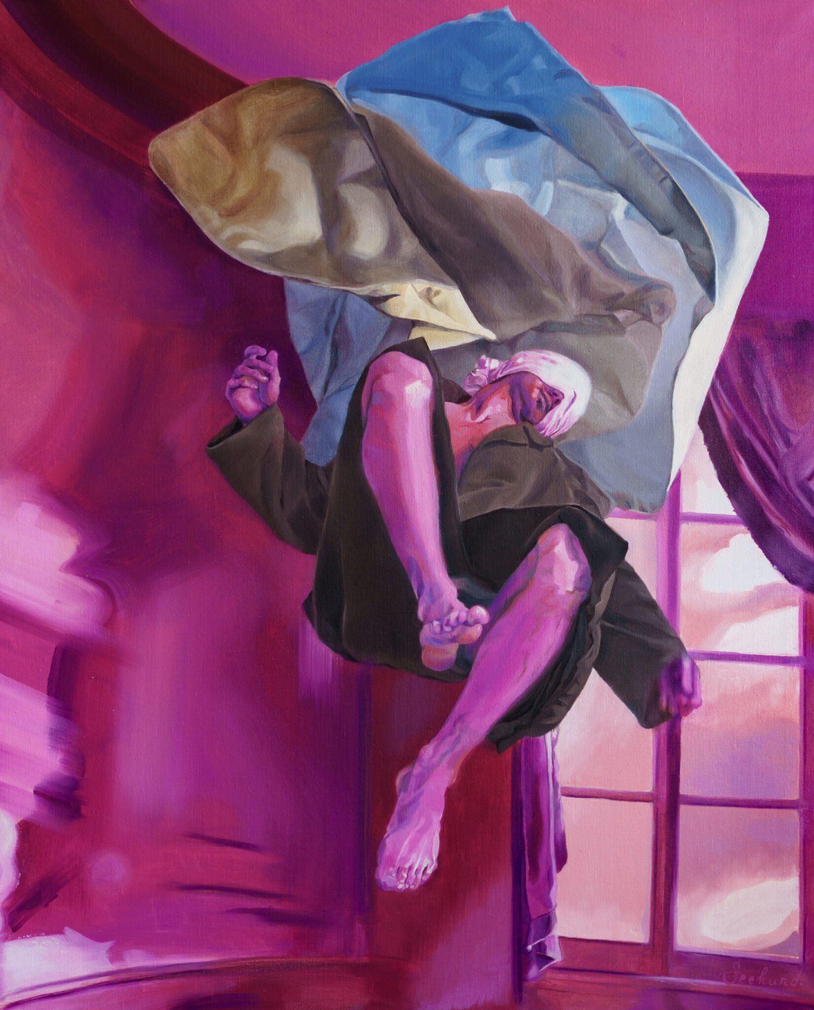 A surreal painting of a figure floating from a low-angle, in a vibrant pink room, partially obscured by a large, flowing piece of fabric. The scene is dreamlike and disorienting, with a window showing a soft light.