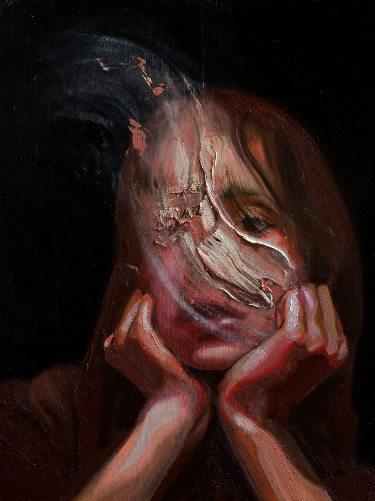 Expressive oil portrait of a figure resting their chin on their hands. Their face is partially erased by a sweeping gesture of abstract, textured brushstrokes, conveying a mood of weary contemplation.