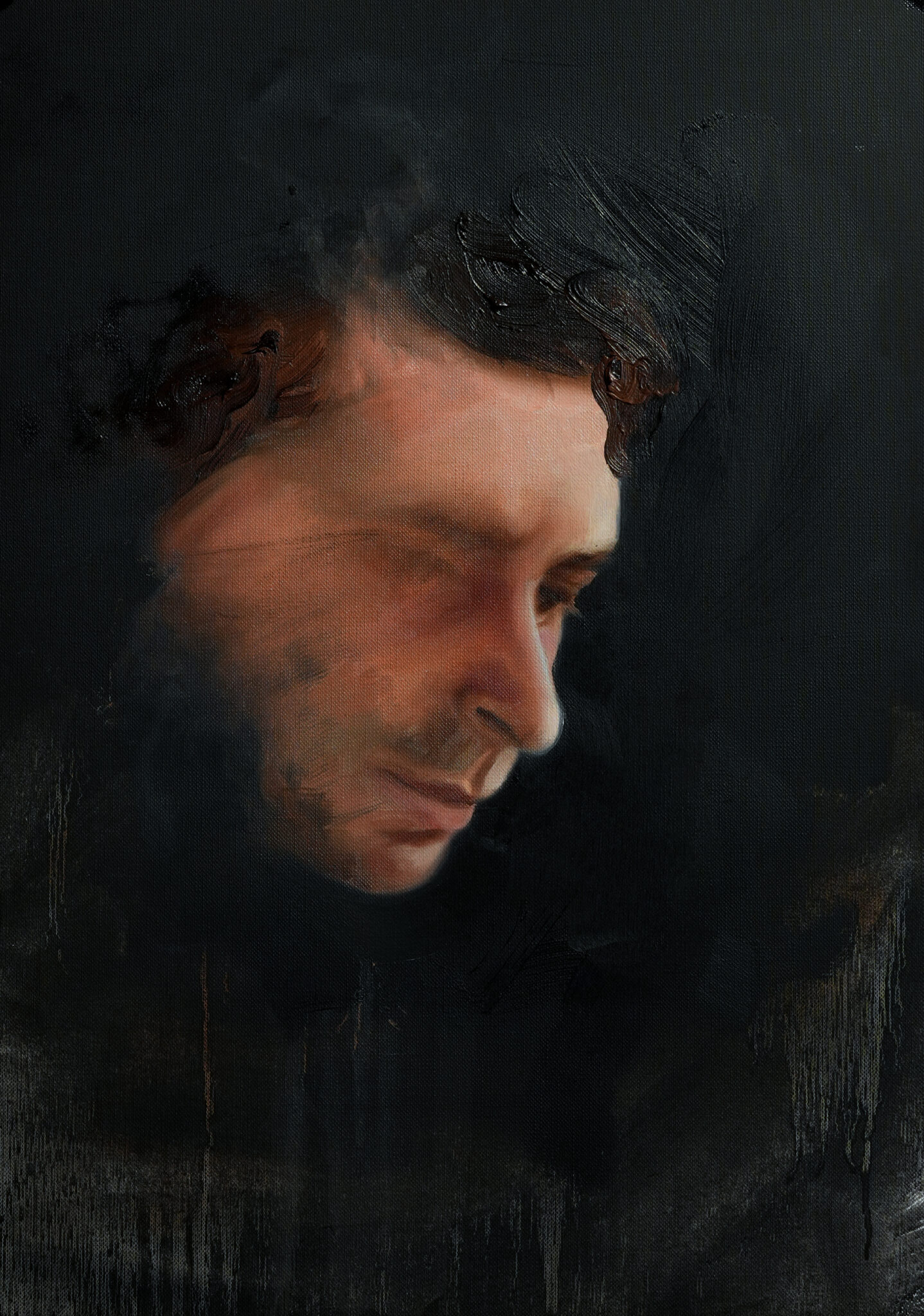 A subtle and dark oil portrait of a man's face in profile. The figure is rendered in a chiaroscuro style, with the edges of his form softly dissolving into the black background, creating a quiet and introspective mood.