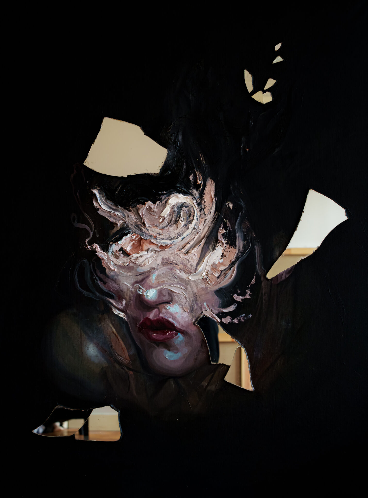 Expressive portrait featuring embedded mirror pieces that fracture the image against a black background. A swirling, abstract form of pink and white paint obscures the eyes, evoking a sense of inner chaos and turmoil.